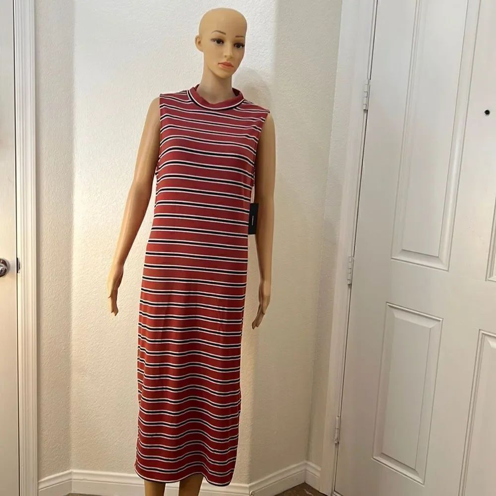 Lulus Dress Size XL Striped Crew Neck Sleeveless Midi Orange Black White New